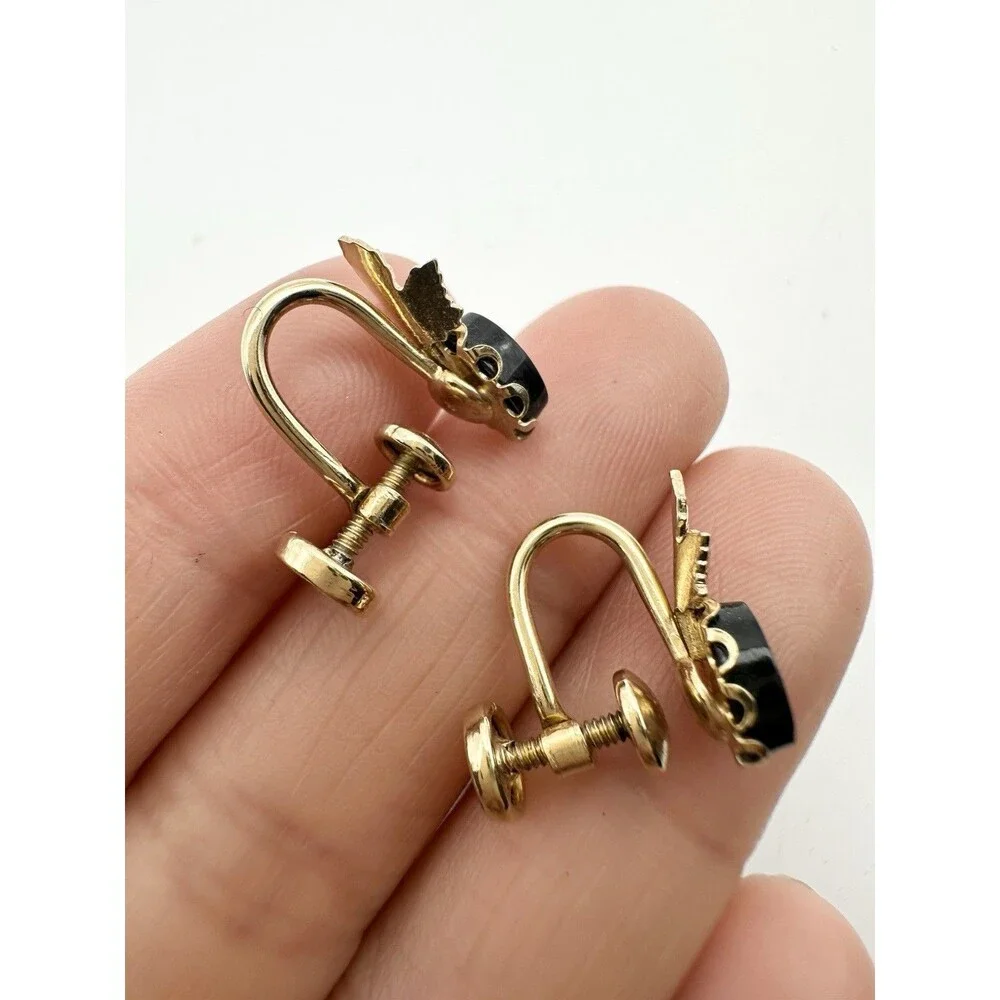 Vintage 14k Gold Filled Black Onyx Flower Earrings Screw Back